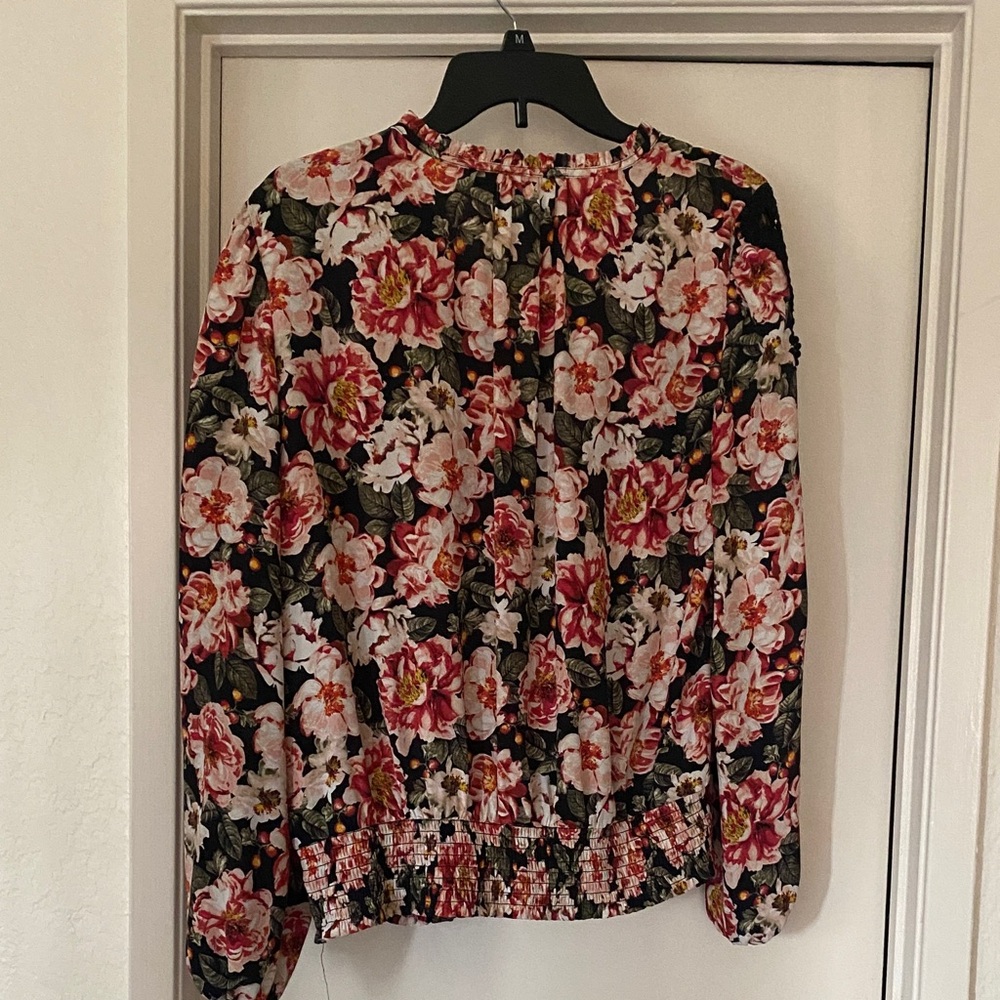 White House Black Market Floral Blouse - Black and Pink